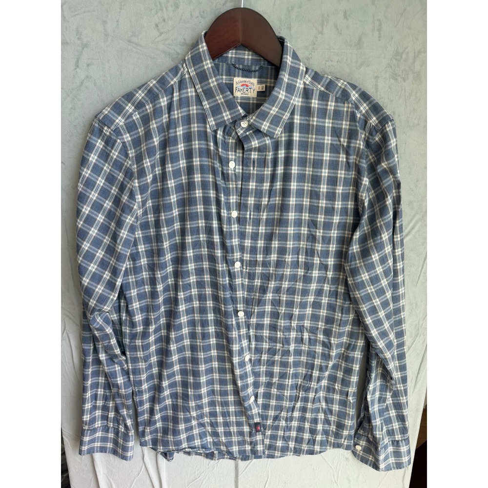 Faherty Movement Shirt Plaid Technical Supima Cotton Men M Blue White Outdoors